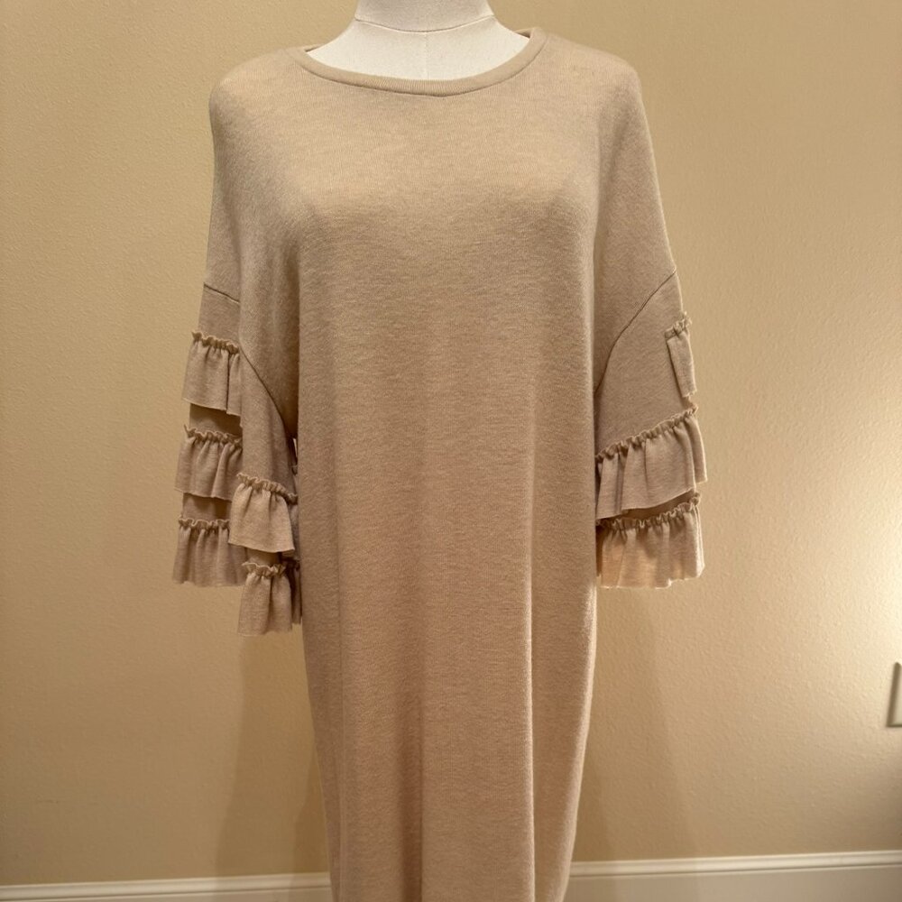 Mittoshop Oatmeal Tan Ruffle Sleeve Sweater Dress Sheath Size Large